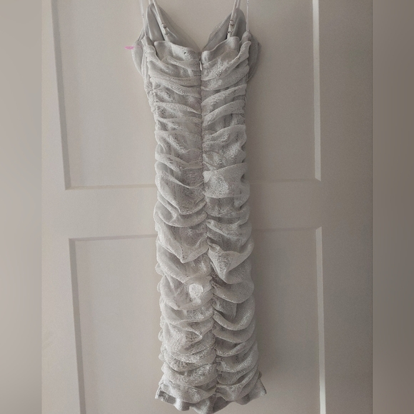 Lulus Get Ready to Sparkle Silver Ruched Mesh Bodycon Mini Dress XS - Picture 2 of 6